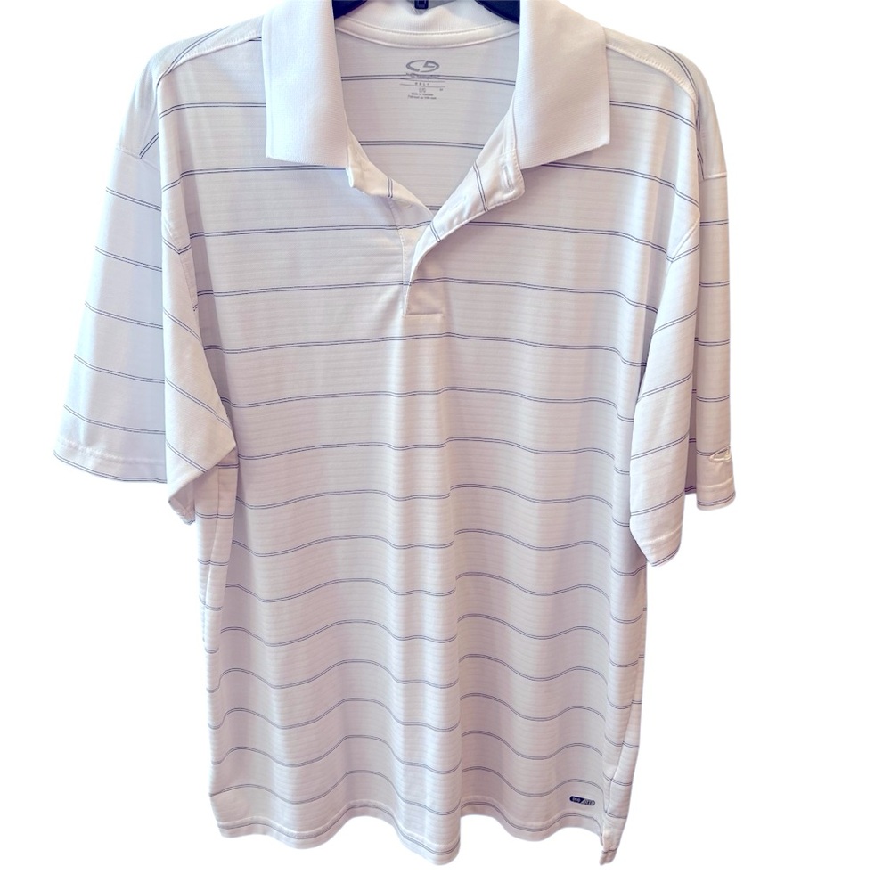 Classic White Polo Shirt with Subtle Black Stripes by Champion.   Size = Large.